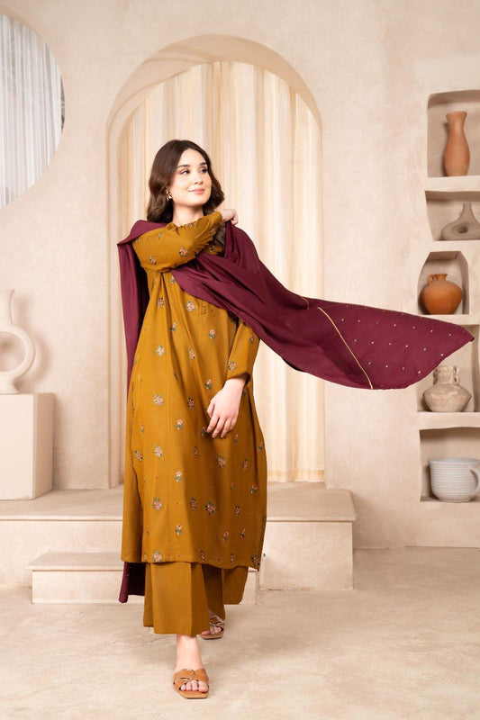 Dhanak Embroidered 3PC with Pashmina Wool Shawl (Unstitched)