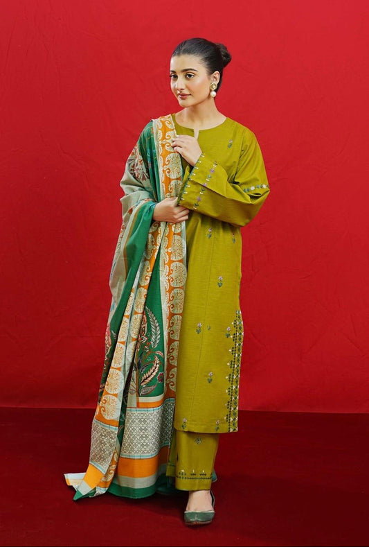 Dhanak Embroidered 3PC with Pashmina Wool Shawl (Unstitched)