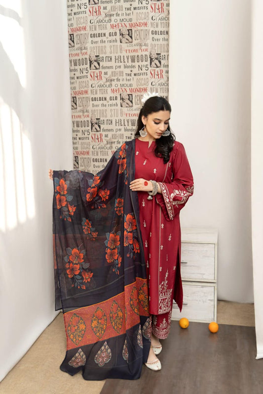 Dhanak Embroidered 3PC with Pashmina Wool Shawl (Unstitched)