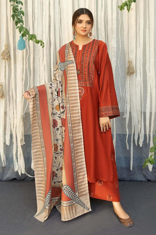 Dhanak Embroidered 3PC with Pashmina Wool Shawl (Unstitched)