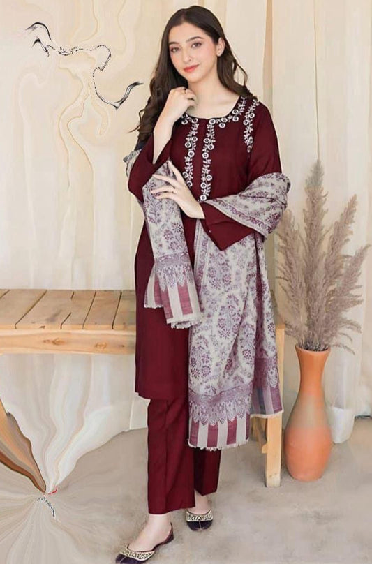 Dhanak Embroidered 3PC with Pashmina Wool Shawl (Unstitched)