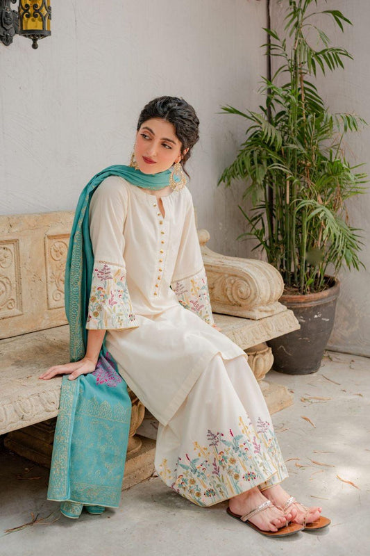 Dhanak Embroidered 3PC with Pashmina Wool Shawl (Unstitched)