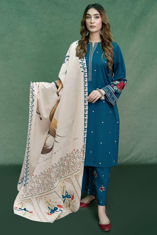 Dhanak Embroidered 3PC with Pashmina Wool Shawl (Unstitched)